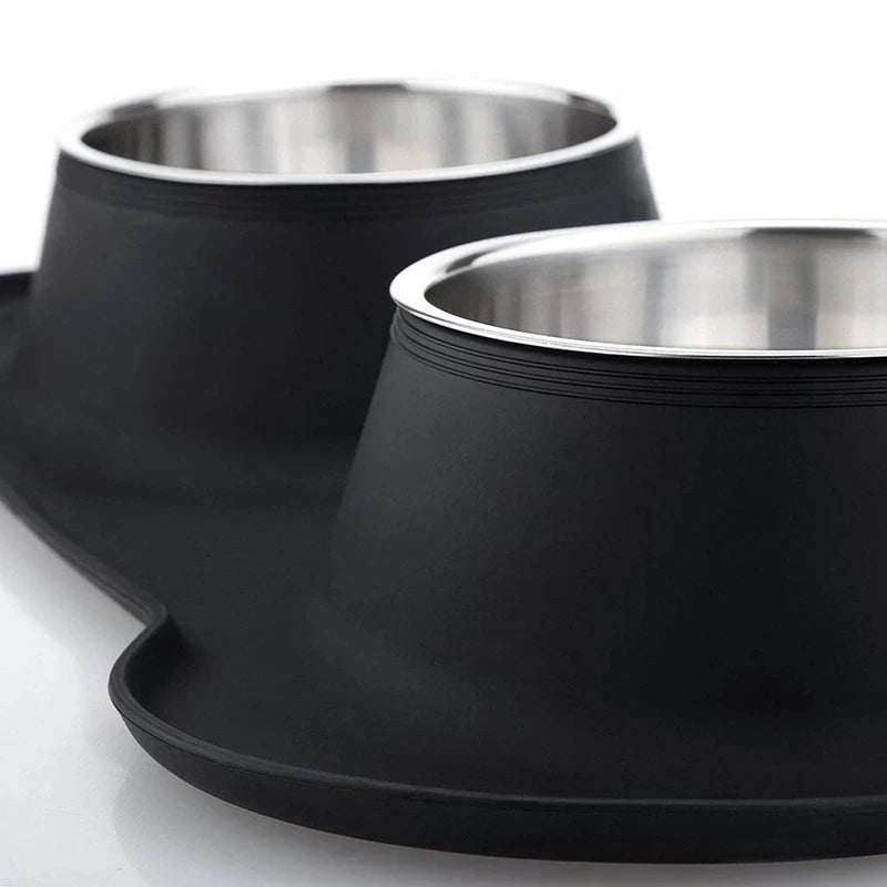 🐶🐱 Double Pet Bowl 🍲💧 Anti-Slip Stainless Steel with Silicone Mat