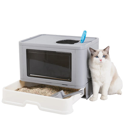 😺🐾 Foldable Cat Litter Box Front & Top Entry with Scoop