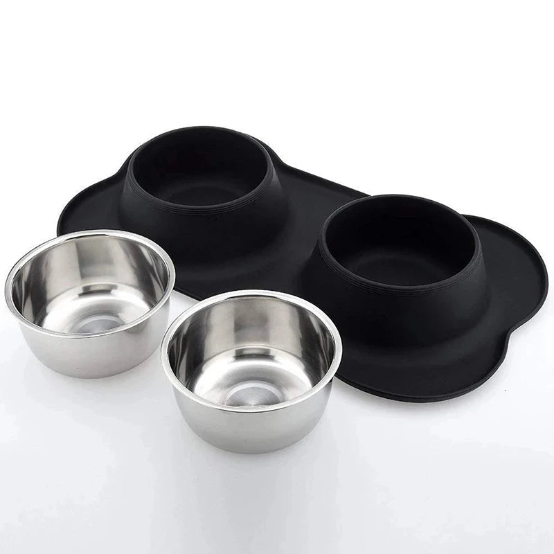 🐶🐱 Double Pet Bowl 🍲💧 Anti-Slip Stainless Steel with Silicone Mat