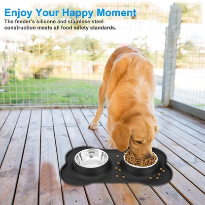 🐶🐱 Double Pet Bowl 🍲💧 Anti-Slip Stainless Steel with Silicone Mat