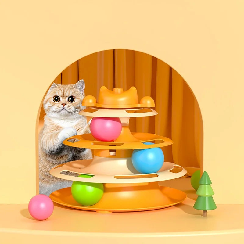 😺🎡 4-Layer Feather Cat Toy Interactive Turntable with Ball & Stick