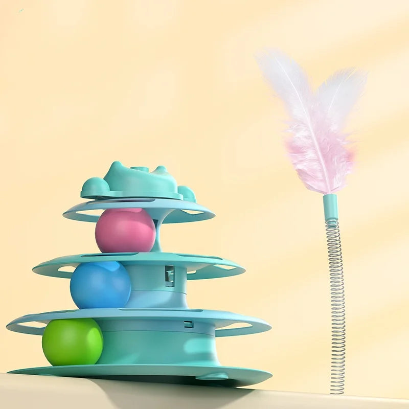 😺🎡 4-Layer Feather Cat Toy Interactive Turntable with Ball & Stick