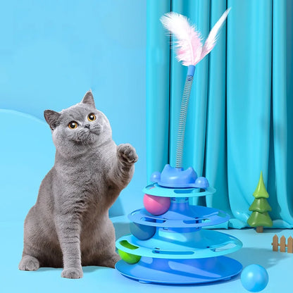 😺🎡 4-Layer Feather Cat Toy Interactive Turntable with Ball & Stick