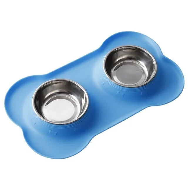 🐶🐱 Double Pet Bowl 🍲💧 Anti-Slip Stainless Steel with Silicone Mat