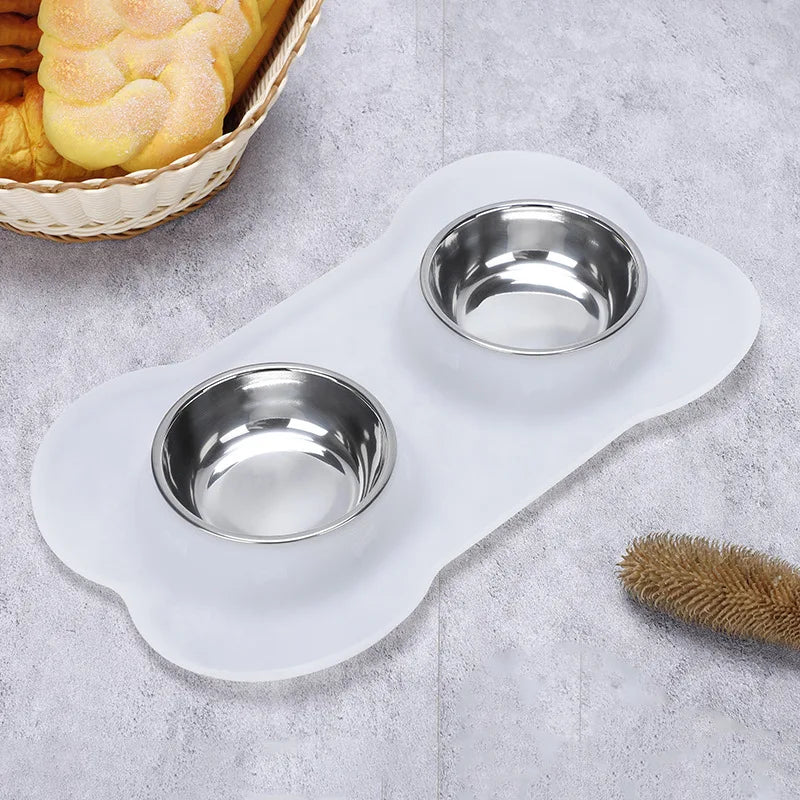 🐶🐱 Double Pet Bowl 🍲💧 Anti-Slip Stainless Steel with Silicone Mat