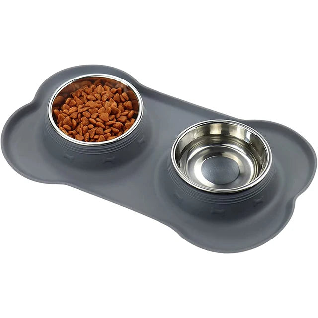 🐶🐱 Double Pet Bowl 🍲💧 Anti-Slip Stainless Steel with Silicone Mat