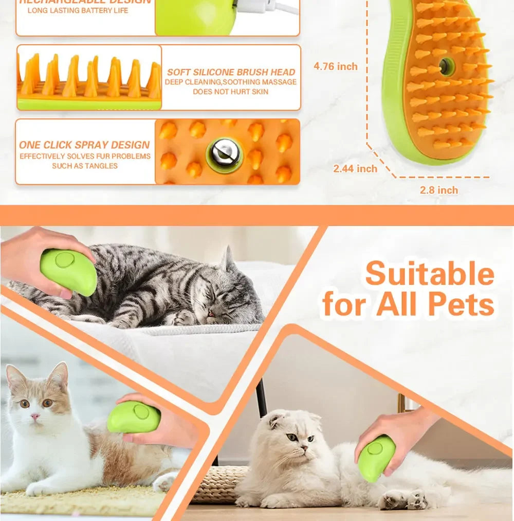 🌫️🐾 3-in-1 Steam Pet Brush Groom, Massage & De-Shed