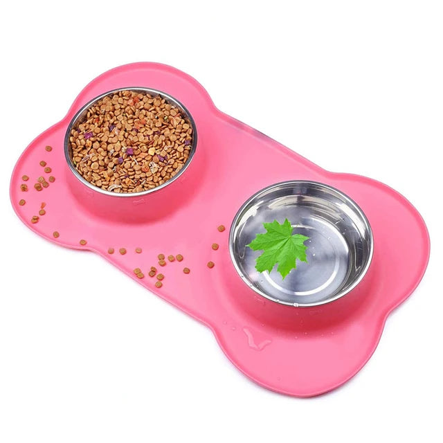 🐶🐱 Double Pet Bowl 🍲💧 Anti-Slip Stainless Steel with Silicone Mat