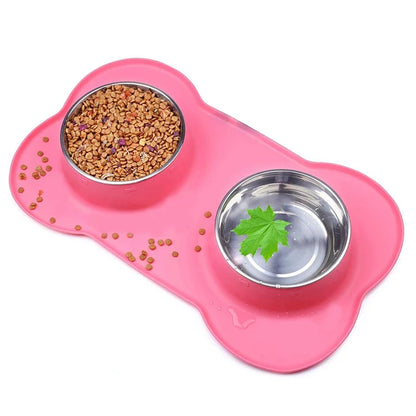 🐶🐱 Double Pet Bowl 🍲💧 Anti-Slip Stainless Steel with Silicone Mat