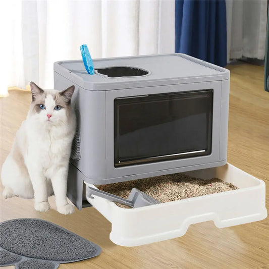 😺🐾 Foldable Cat Litter Box Front & Top Entry with Scoop