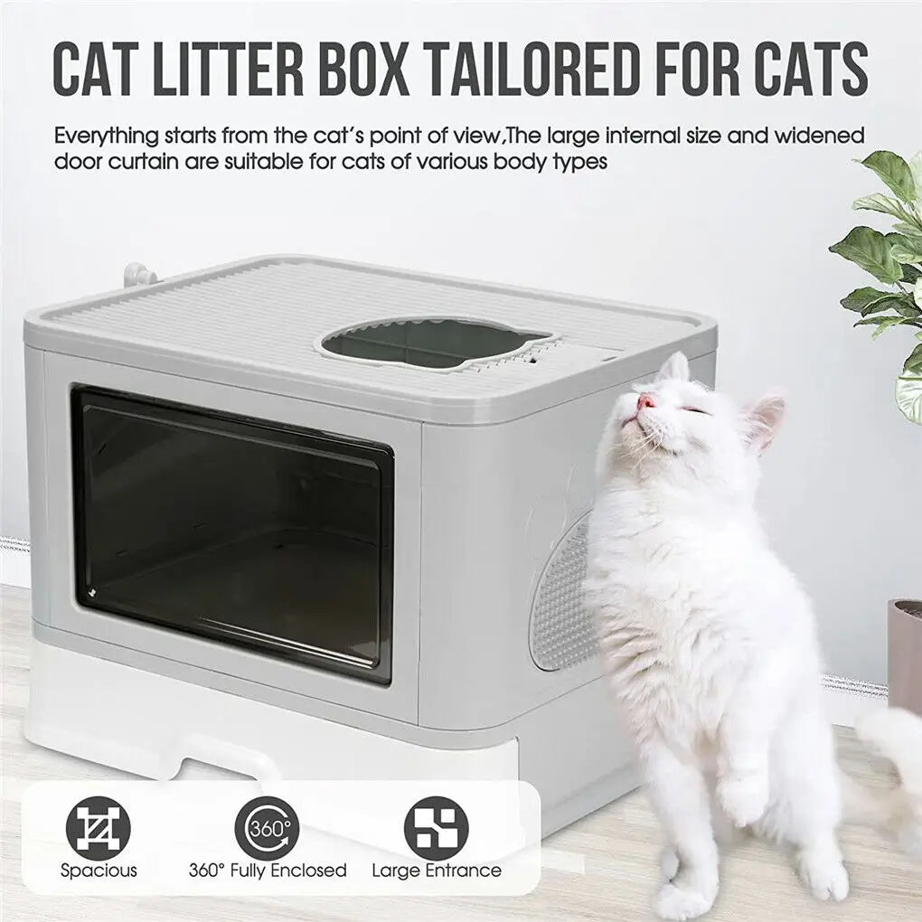 😺🐾 Foldable Cat Litter Box Front & Top Entry with Scoop
