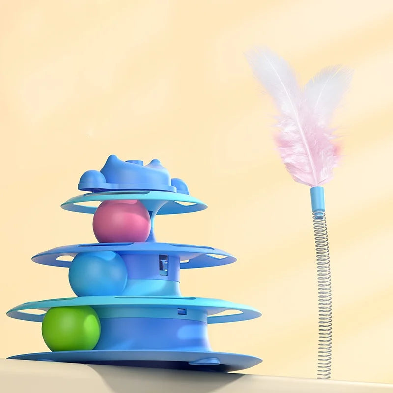 😺🎡 4-Layer Feather Cat Toy Interactive Turntable with Ball & Stick