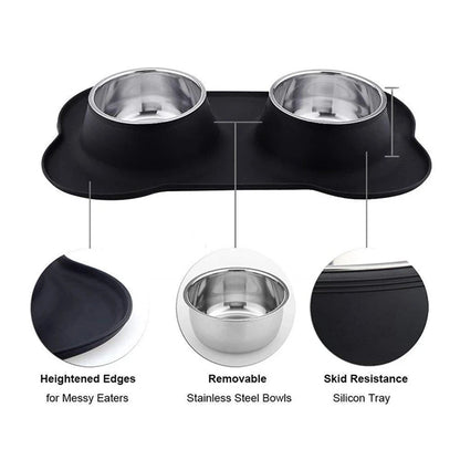🐶🐱 Double Pet Bowl 🍲💧 Anti-Slip Stainless Steel with Silicone Mat