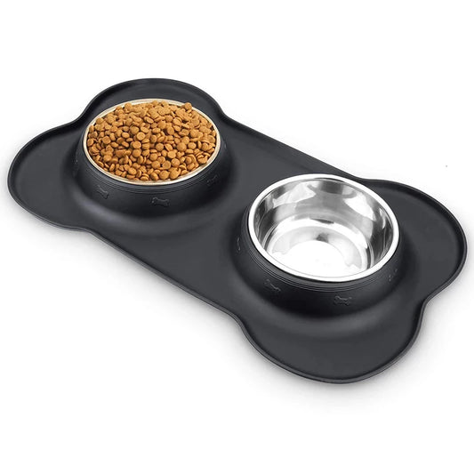 🐶🐱 Double Pet Bowl 🍲💧 Anti-Slip Stainless Steel with Silicone Mat
